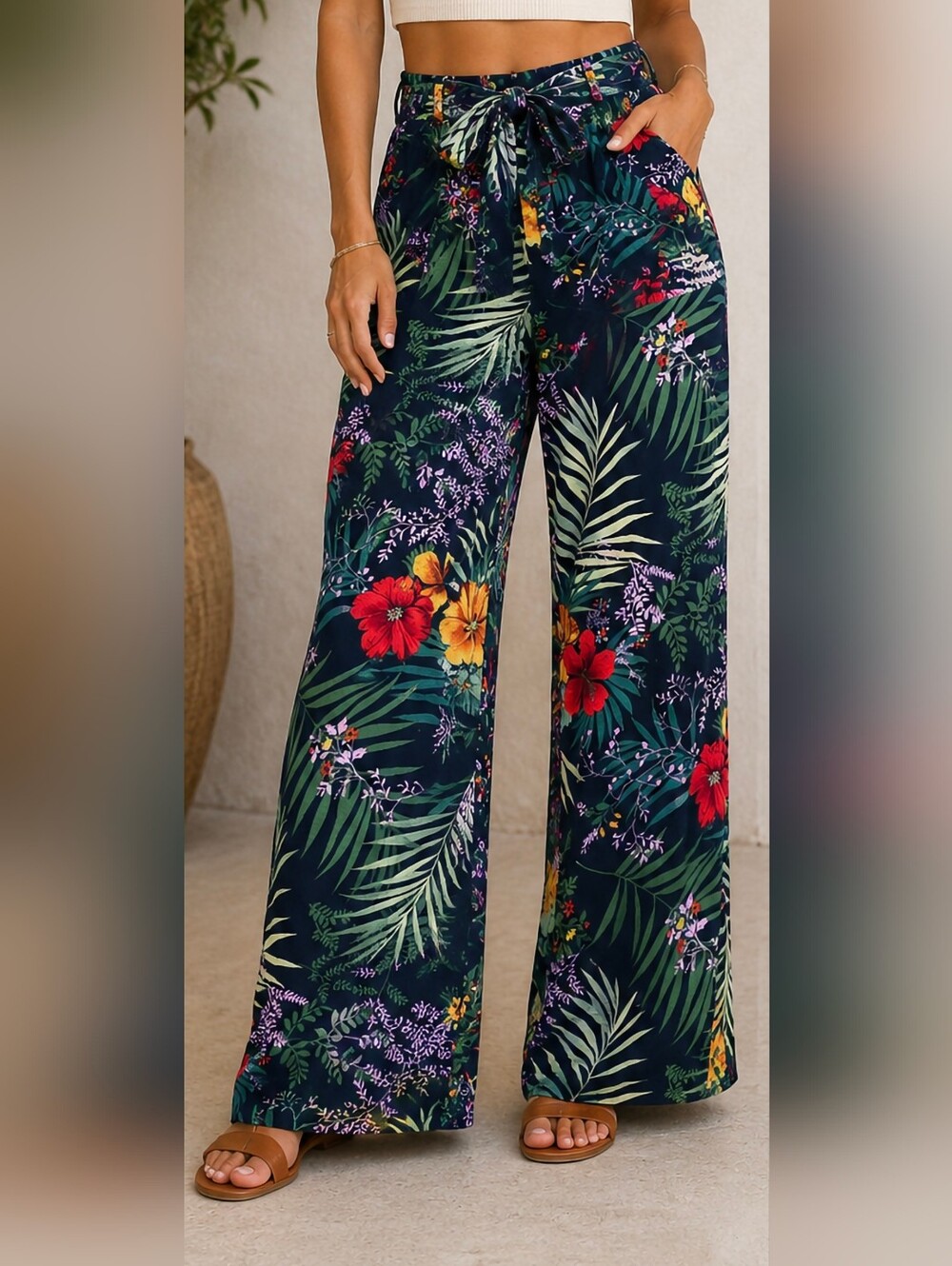 Floral Wide-Leg Tropical Print Pants - Navy